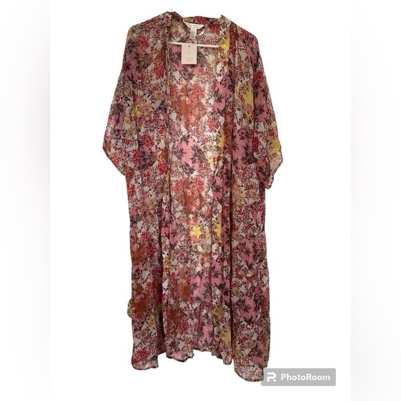 LC Lauren Conrad Bohemian Boho Ruana kimono duster cover up tiered white lotus‎ - Picture 2 of 7